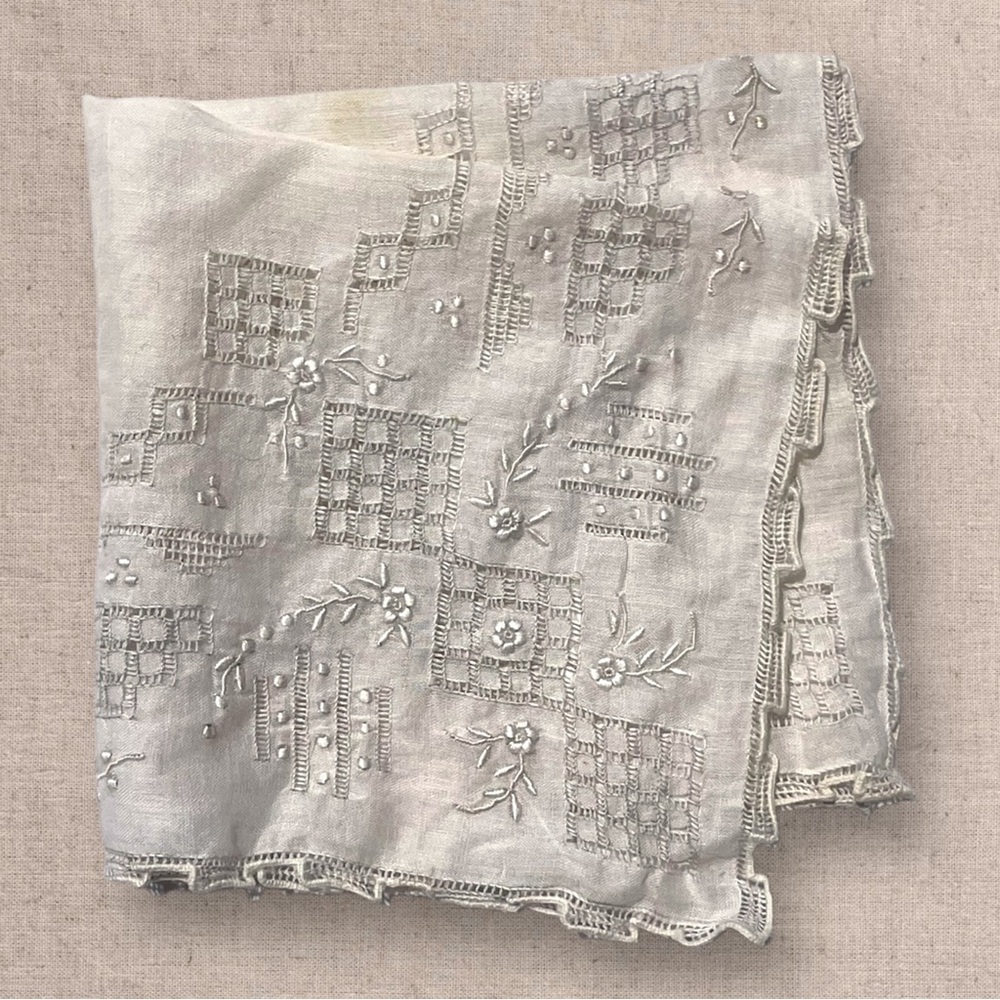 Embroidered White Linen Handkerchief